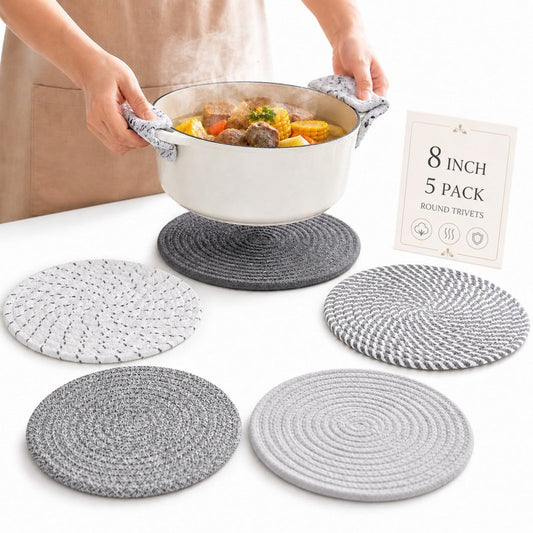 CATIFLIN 8 Inch Heat Resistant Trivets for Hot Dishes, 5-Pack Cotton Woven Pot Holders & Hot Pads Set – Kitchen Countertop & Table Protector, Home Essentials Decor