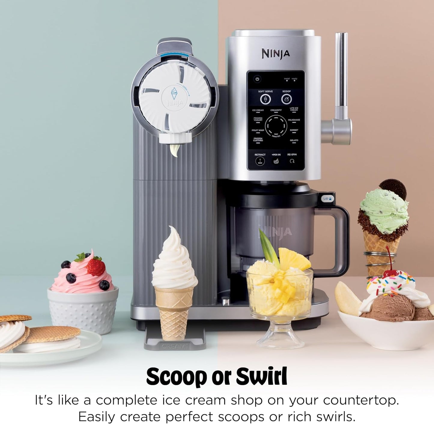 Ninja CREAMi Ice Cream Maker - 13-in-1 Soft Serve & Sorbet Machine with 2 Pints & Handle