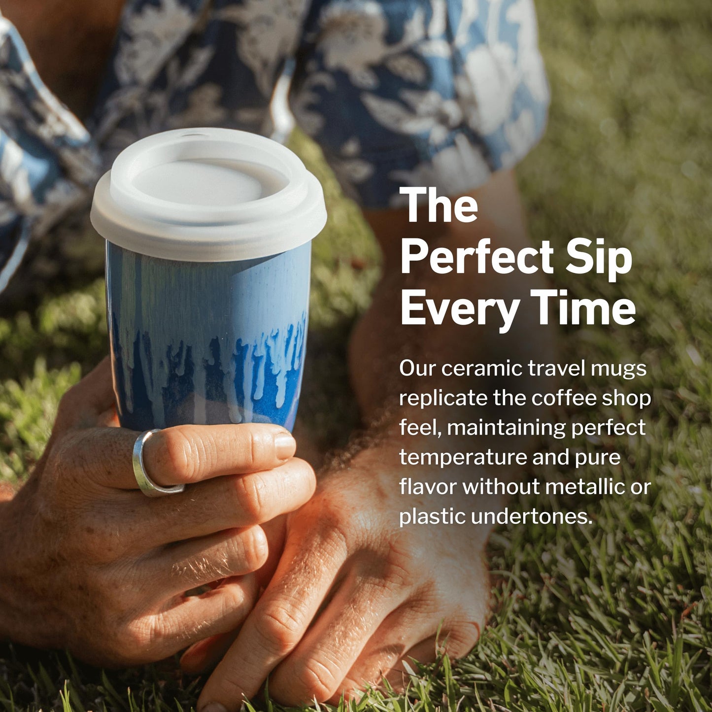 NOVA CERAMICS Ceramic Tumbler– Blue Ceramic Mug – Microwave & Dishwasher Safe Coffee White & Orange Tumbler - Leak-Proof Coffee Travel Mug – 16oz – Neptune