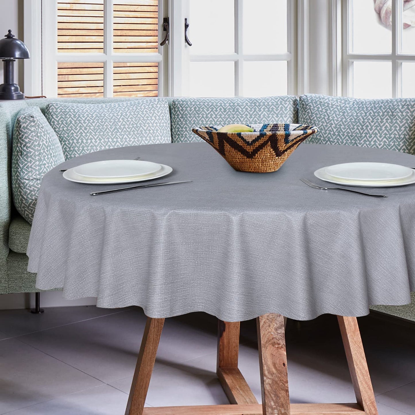 sancua 100% Waterproof Round PVC Tablecloth - 54 Inch - Oil Proof Spill Proof Vinyl Table Cloth, Wipe Clean Table Cover for Dining Tables, Buffet Parties and Camping, Grey