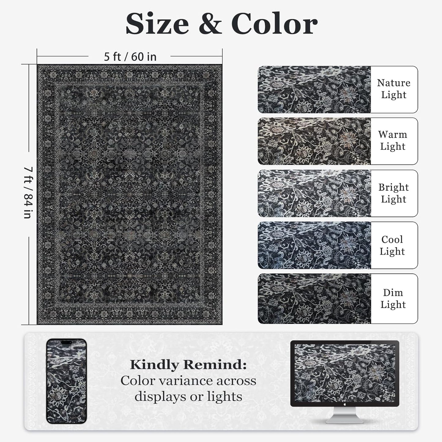 Skiennix 5x7 Area Rug - Vintage Farmhouse Design | Washable, Non-Slip, Soft Carpet in Earth Tones