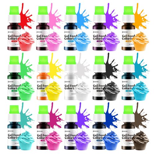Gel Food Coloring 15 Colors x 0.35 oz Concentrated Gel Based Food Dye Vibrant Icing Colors Neon Edible Food Color for Icing Baking Cake Decorating Cookies Slime, 10g / Bottle