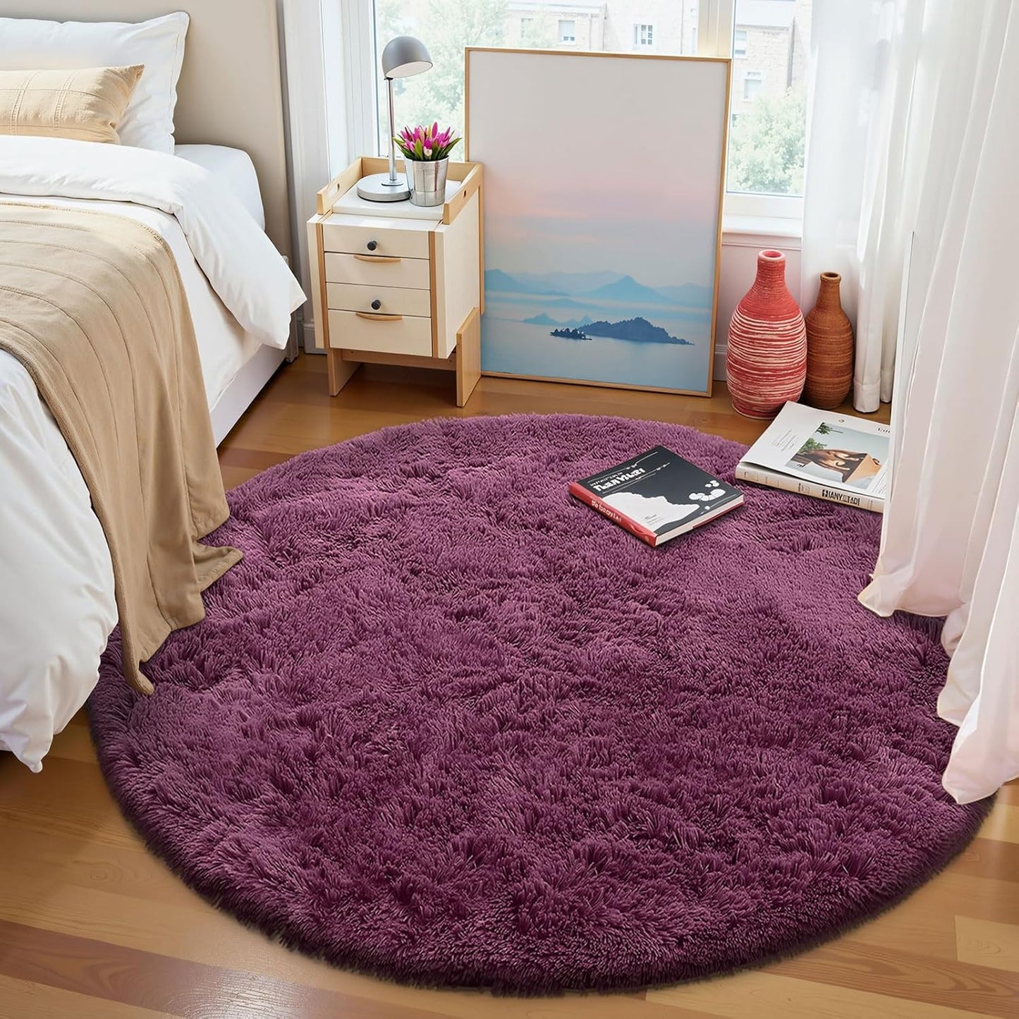 OLANLY Round Burgundy Area Rug - Soft, Fluffy, Machine Washable 7 ft Carpet for Bedrooms & Living Rooms
