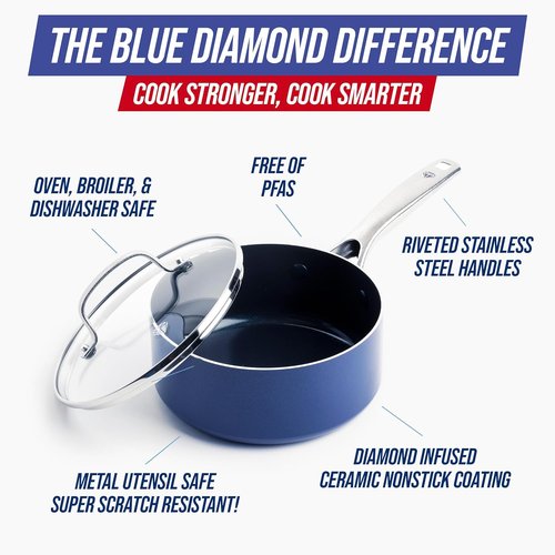 Blue Diamond Nonstick 2QT Saucepan - PFAS-Free Diamond Ceramic, Dishwasher & Oven Safe, Stay Cool Handle