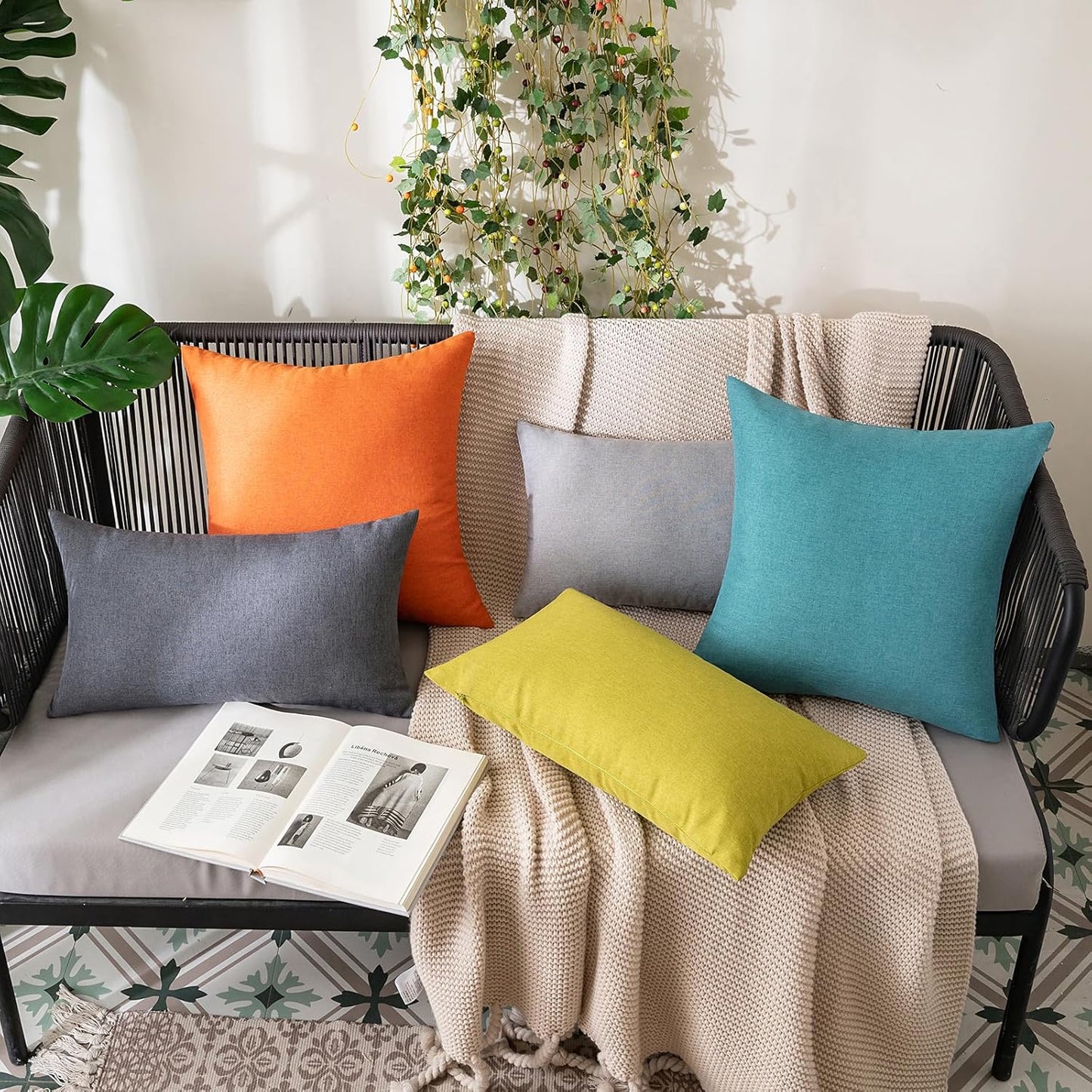 MIULEE Decorative Outdoor Throw Pillow Covers - Waterproof Faux Linen Cushion Cases | 20x20 Inch Orange (Pack of 2)