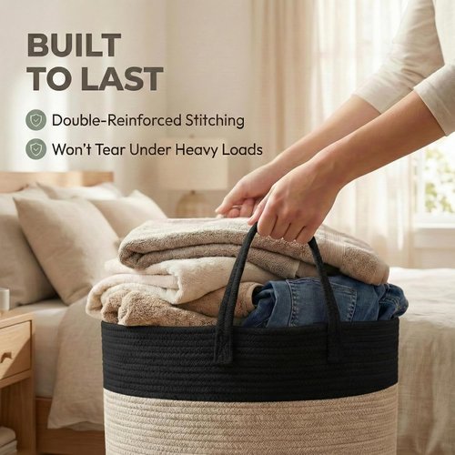 JMvicyroam 65L Extra Large Blanket Basket - Woven Cotton Rope Laundry Hamper with Reinforced Handles | Machine Washable Black & Jute Storage Bin for Pillows, Comforters & Toys