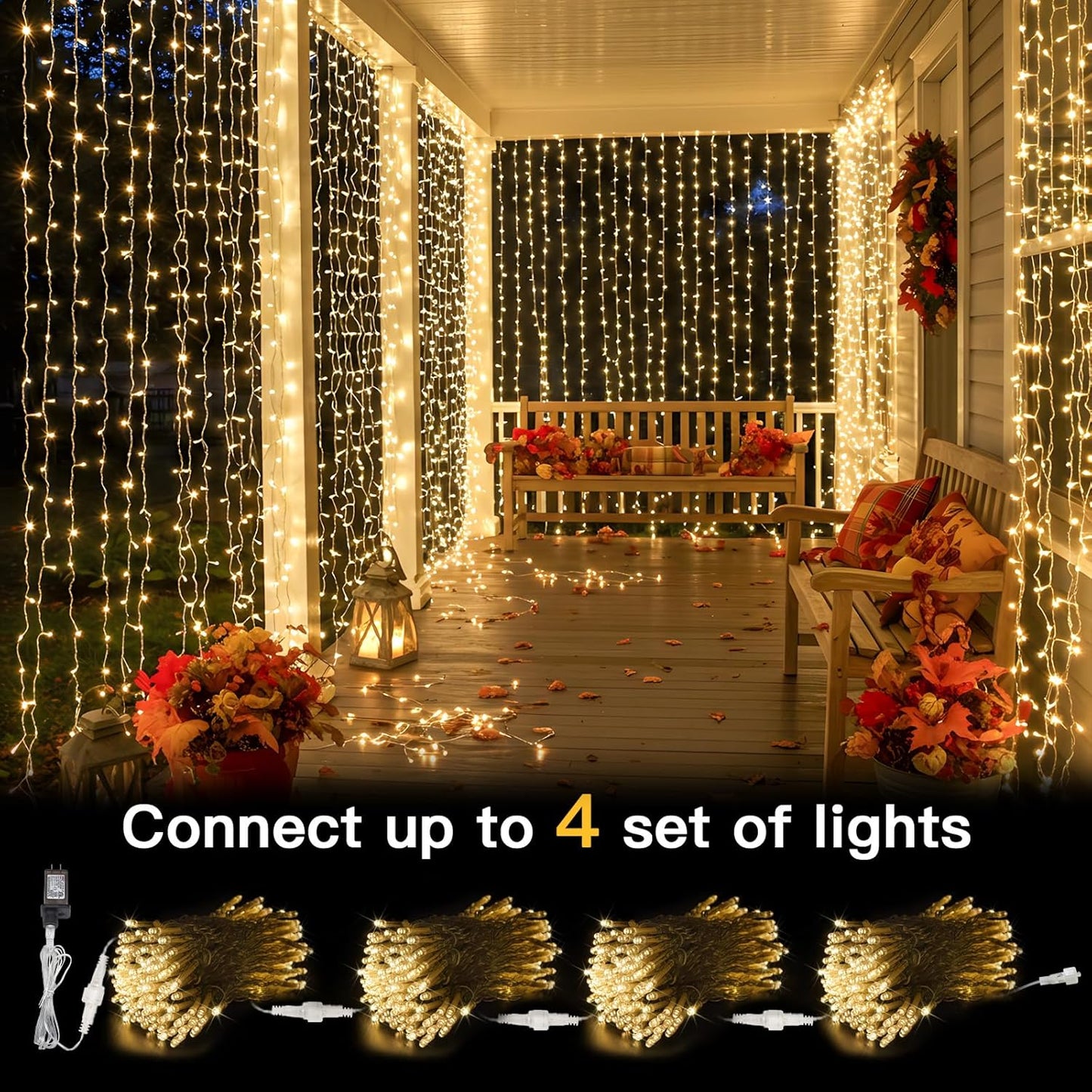 Suddus Curtain Lights - 300 LED Warm White String Lights | 9.8x9.8ft for Bedroom & Party Decor