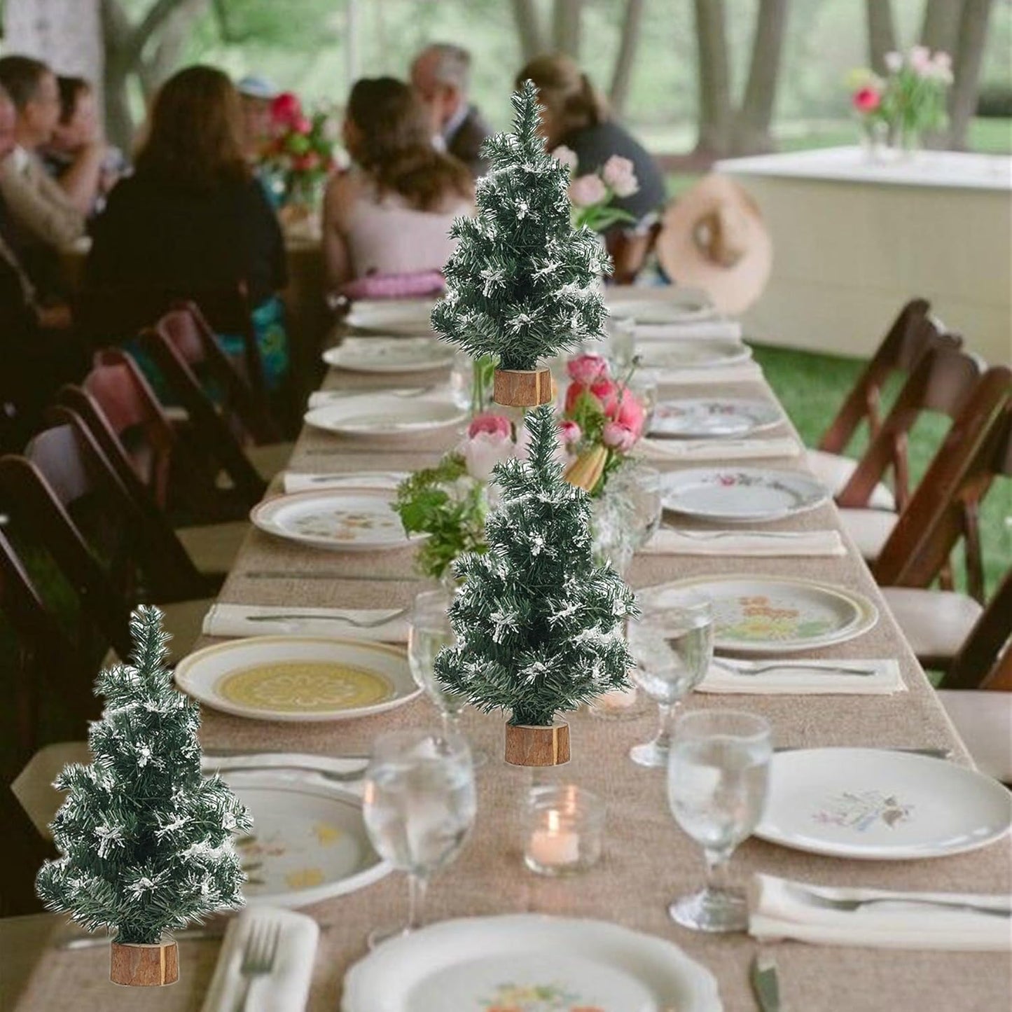 Mini Christmas Trees by Simulated Snow - 4pcs Tabletop Pine Decor with Wooden Base | 7.87/11.81 Inch