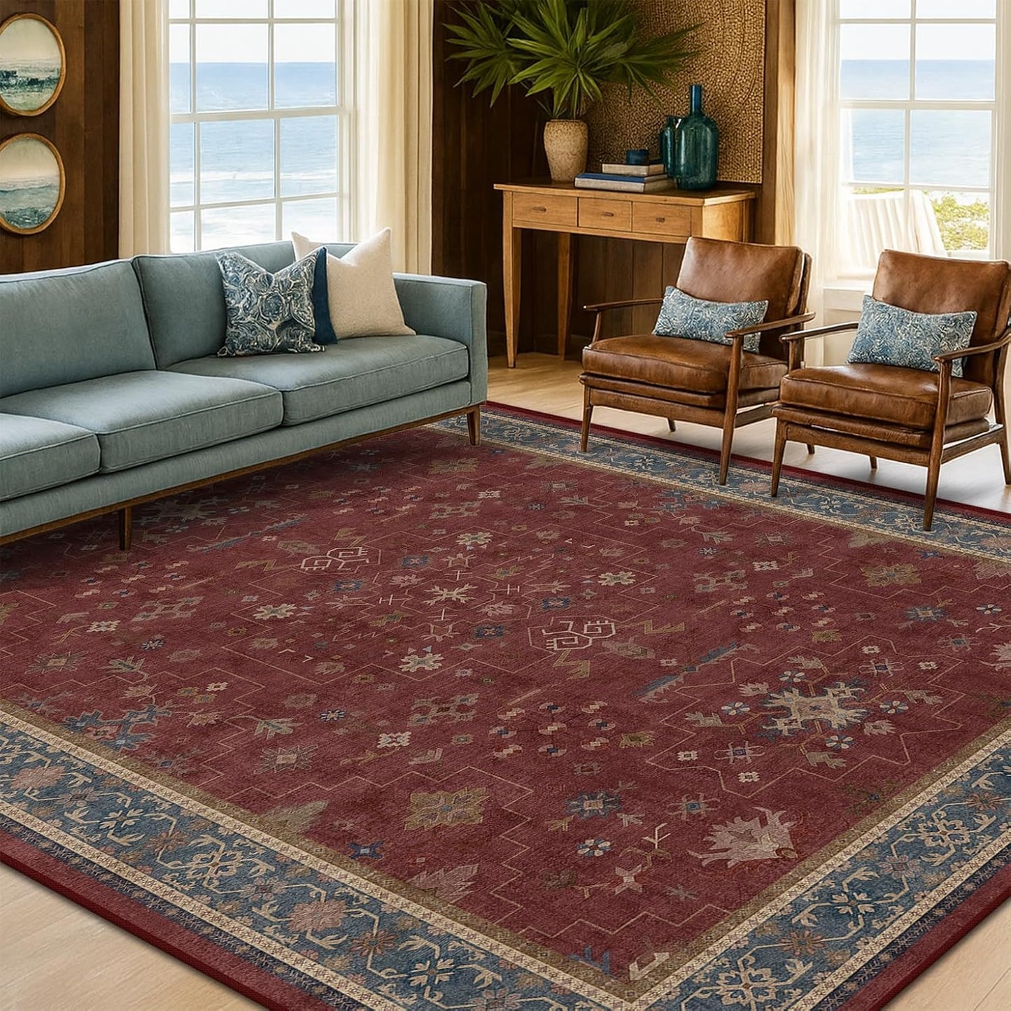 Regine Switzerland Vintage Burgundy 7x9 Dining Room Rug - Lightweight Washable Boho Carpet