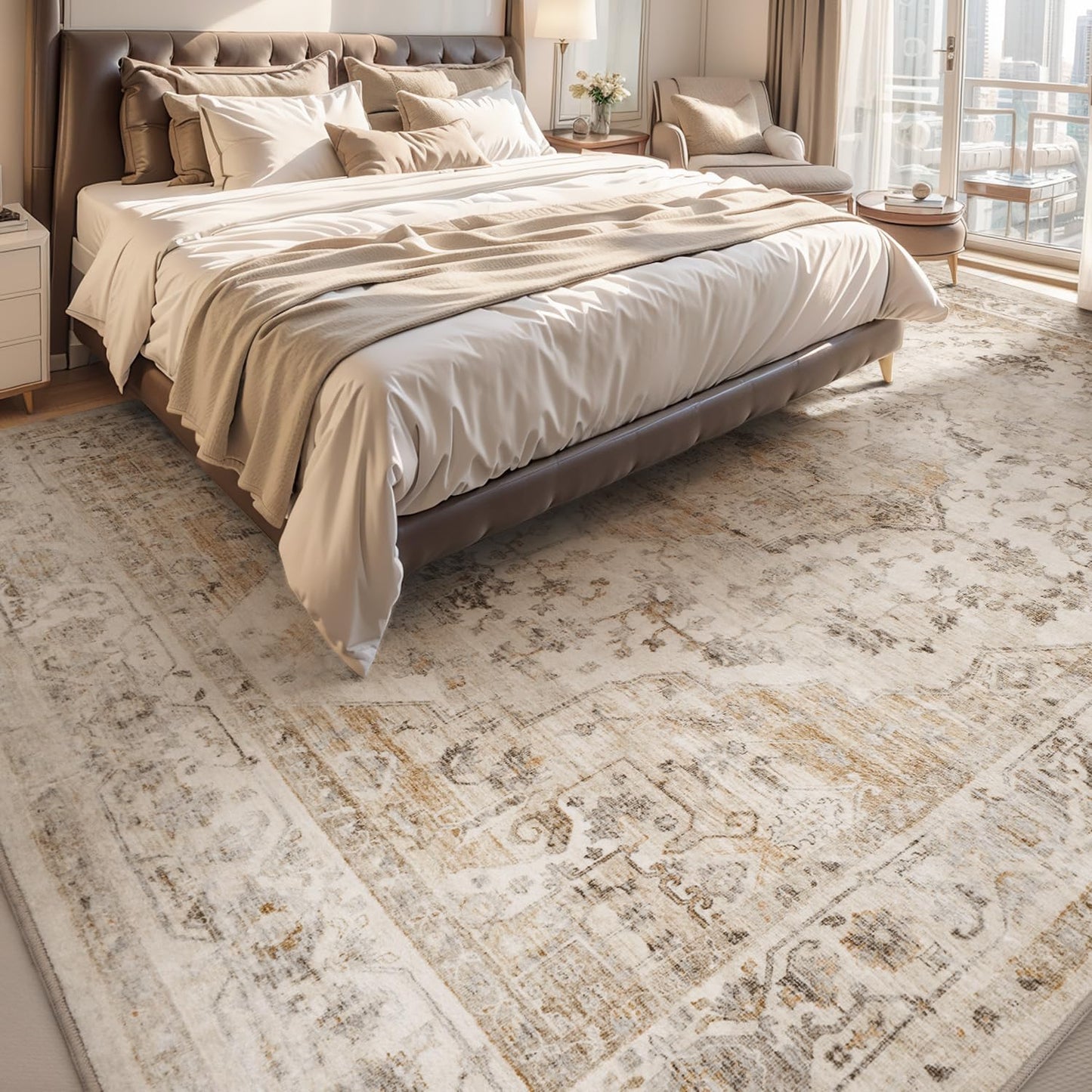 AMOAMI-4X6 Area Rugs for Living Room -Soft Vintage Bedroom Rugs-Non Slip Washable Rug-Throw for Living Room Bedroom Bedside Dining Room Office Beige