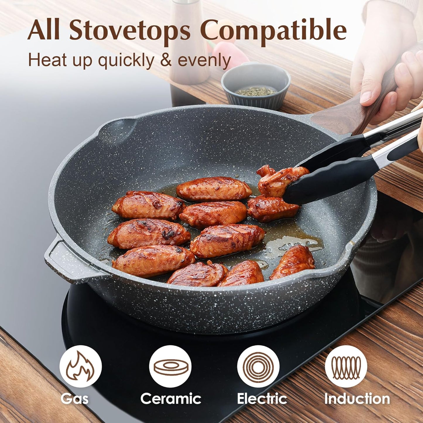 SENSARTE Nonstick Deep Frying Pan - 12-Inch Saute Pan with Lid & Stay-Cool Handle | Induction Compatible, PFOA Free
