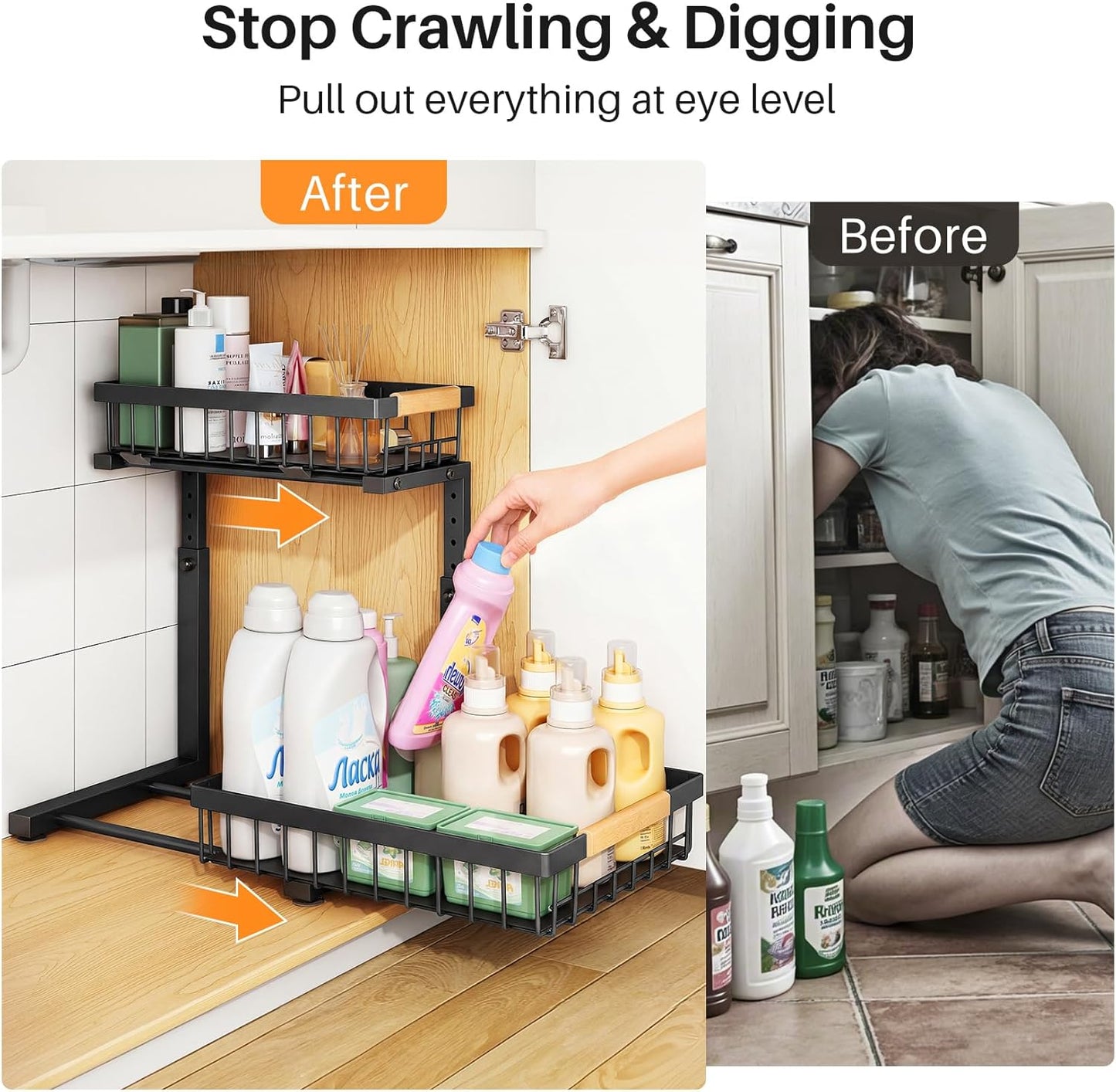 PXRACK Under Sink Organizer - Adjustable 2-Tier Pull-Out Storage for Kitchen & Bathroom | Large Black 2-Pack