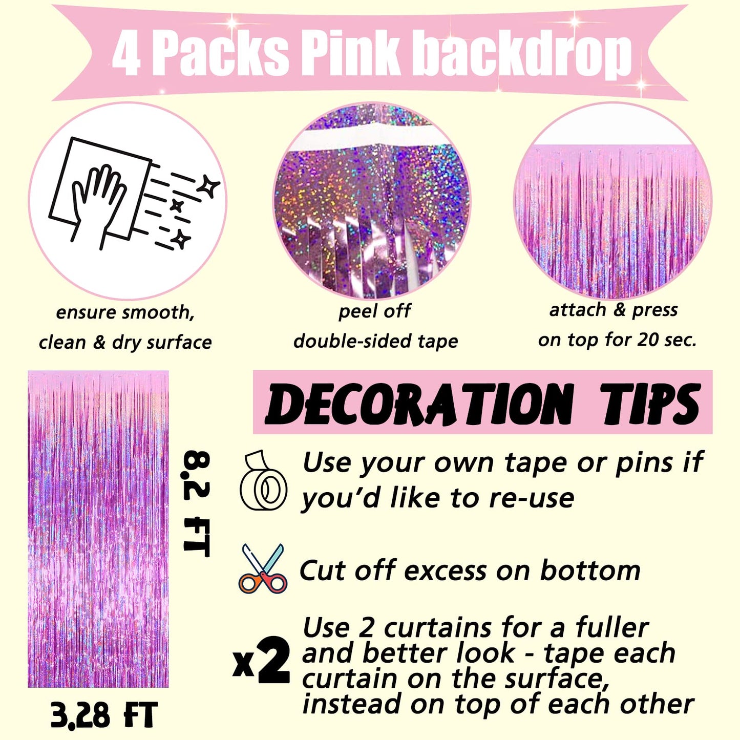 4 Pack Pink Fringe Curtain Backdrop, 3.2Ft x 8.2Ft Sparkle Metallic Tinsel Foil Fringe Streamers Background for Photo Booth Birthday Wedding Baby Shower Party Thanksgiving Christmas Decorations