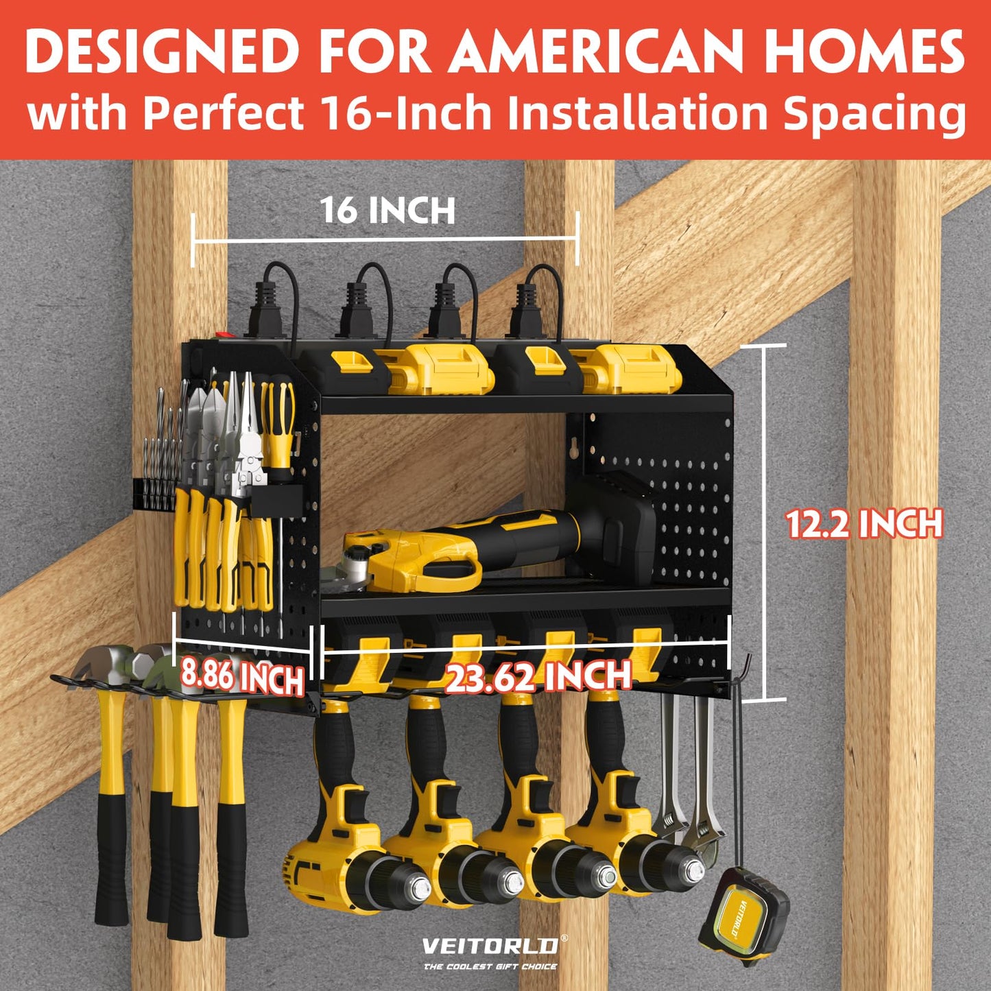 Power Tool Organizer with Charging Station, Heavy Duty Modular Wall Mount Rack for Garage & Shed Organization, 4 Drill Holders, Fathers Day Anniversary Birthday Gifts for Men Dad Him Husband(Black)