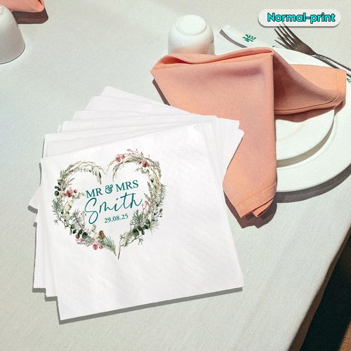 GODMERCH Personalized Wedding Cocktail Napkins - Custom Heart Floral Dinner Napkins for Bridal Shower, Mr Mrs Napkin, Customized Printed Cocktail Napkin for Engagement Table Décor Party Elegant