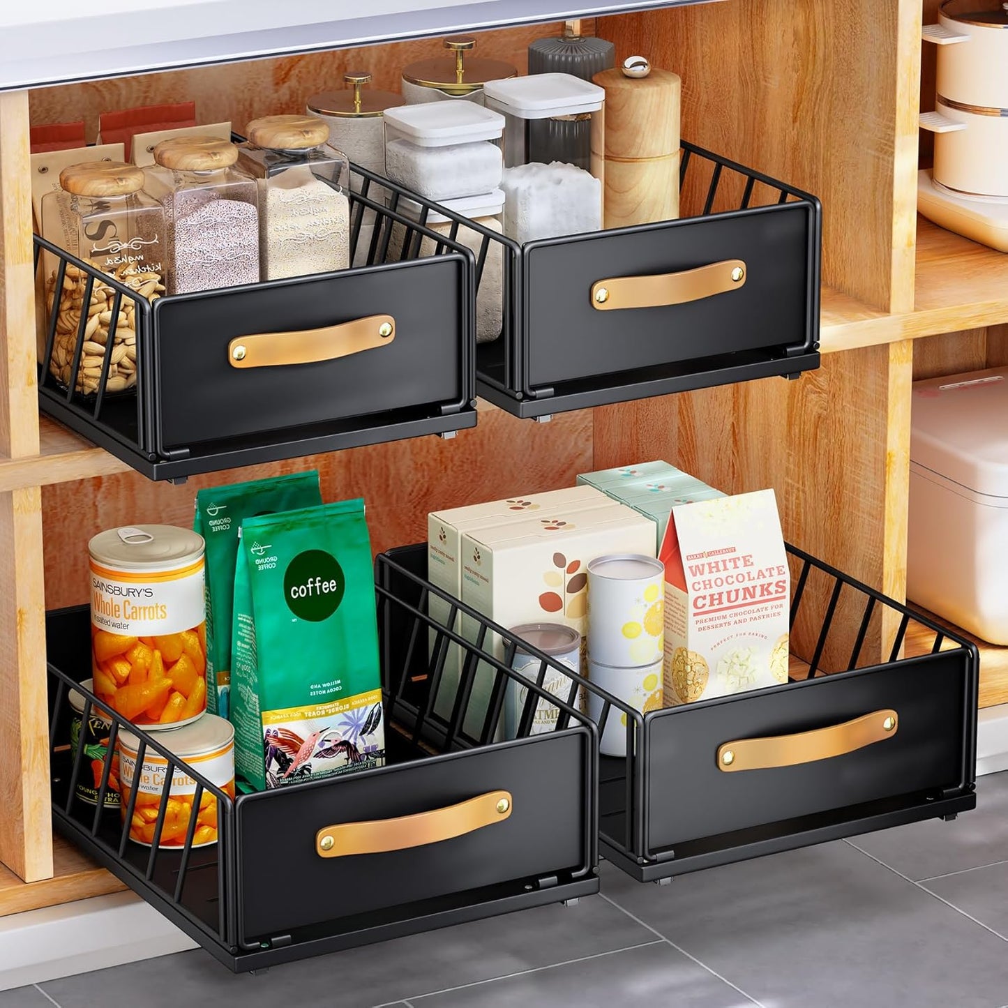 Skiennix Pull-Out Cabinet Organizer - Heavy-Duty Sliding Pantry Shelves with Handle | 11.8"W X 15.7"D X 6.2"H, Black