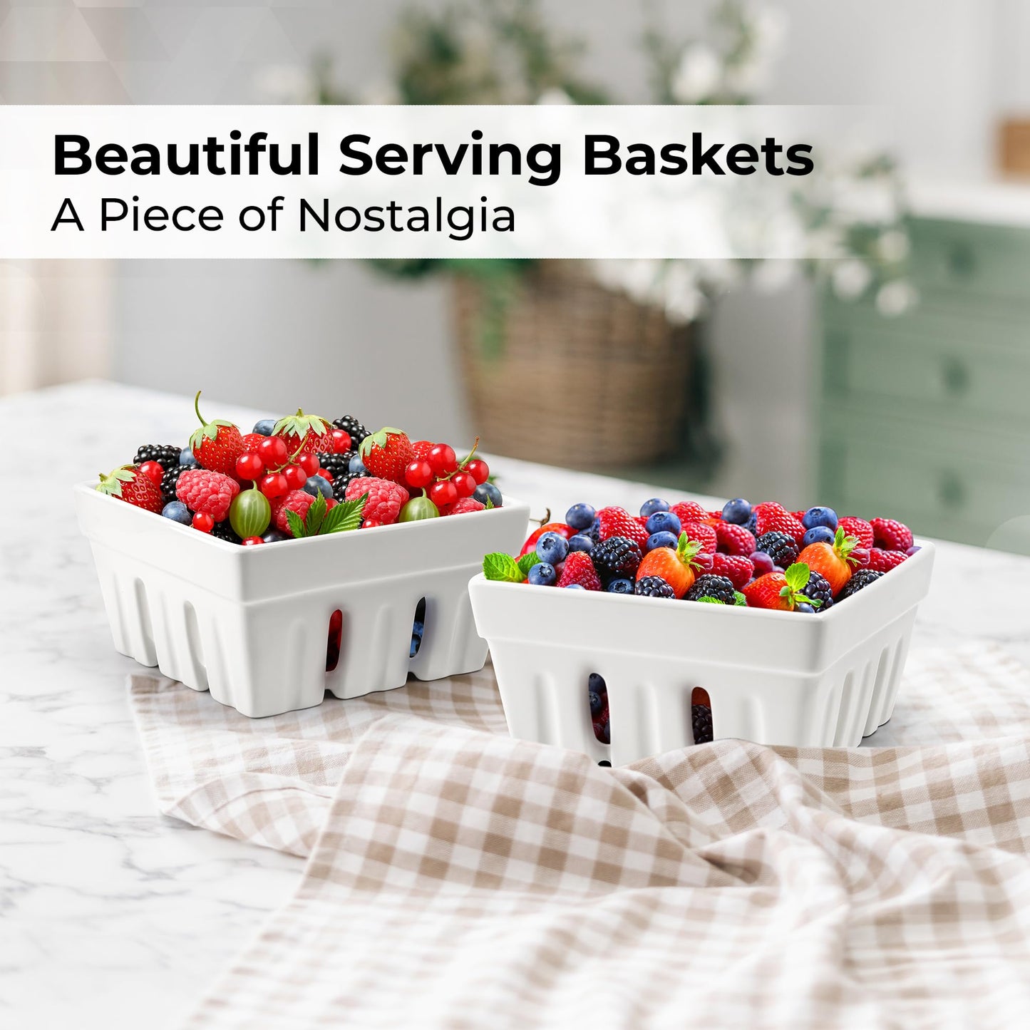 MIAMIO - Ceramic Berry Basket Set of 2, Decorative Fruit Bowl Set for Berries, Fruits and Vegetables, Kitchen Storage Bowls for Strawberries, Blueberries, Snacks and Serving