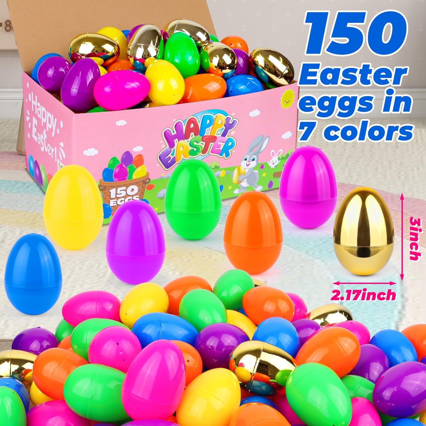 NAWITDA 150 Pack 3 Inch Large Easter Eggs Bulk Include 6 Surprise Golden Eggs, Bright Colors Fillable Empty Plastic Easter Egg for Easter Hunt, Easter Basket Fillers, Easter Party Favors