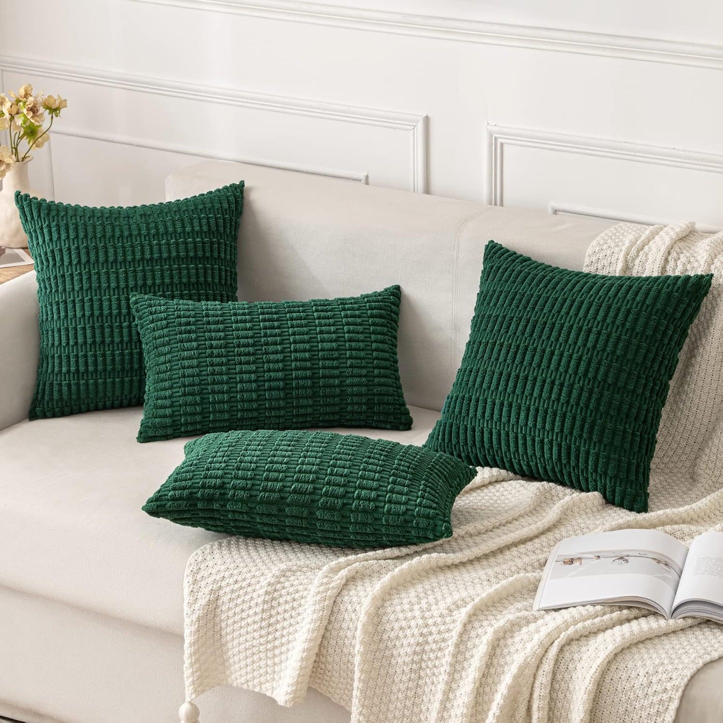 MIULEE Decorative Pillow Covers - Soft Dark Green Corduroy | Pack of 2, 18x18 Inch, Boho Striped Design for Modern Farmhouse Home Decor