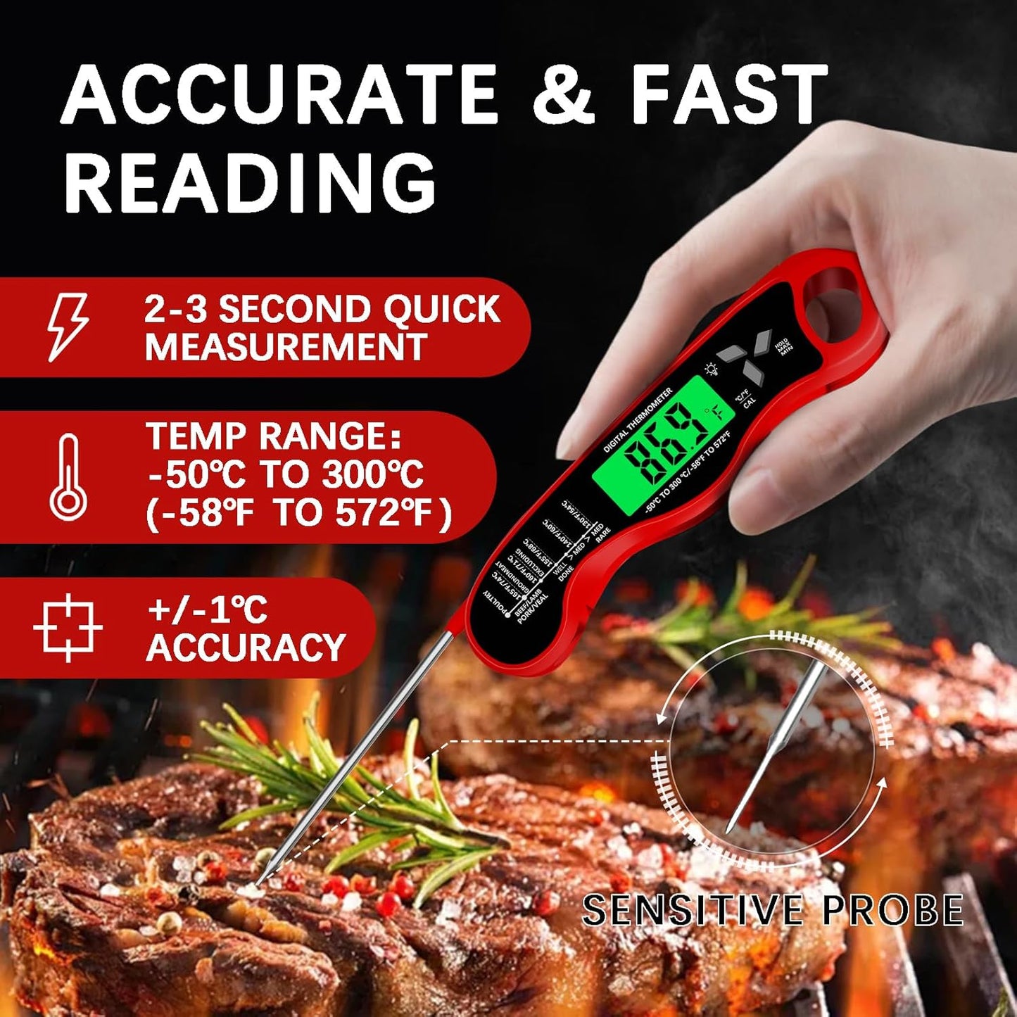 Meat Thermometer - Skiennix Digital IP67 Waterproof Cooking Thermometer with Backlight & Calibration