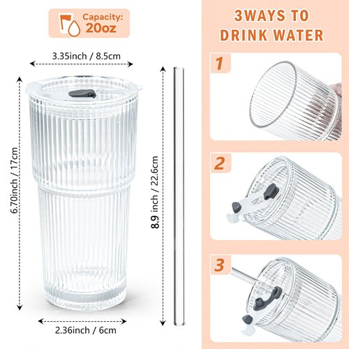 Icesip 20 oz 4 Pcs Glass Cups with Lids and Straws Ribbed Iced Coffee Glasses Tumbler Vintage Drinking Glasses Set of 4 for Tea Juice Soda Smoothie(Ribbed A*4 with Lid)