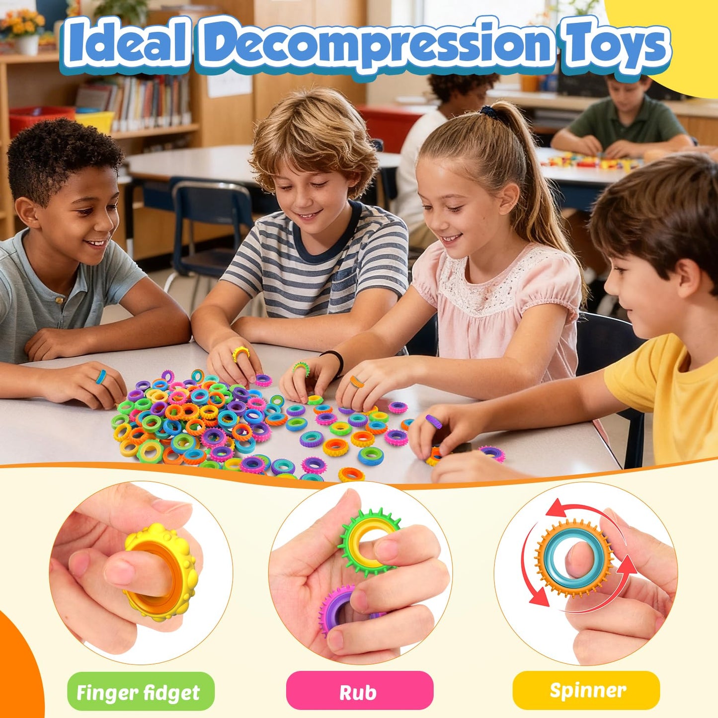 KLT Fidget Toys Bulk for Kids: 50 Pack Texture Spinner Rings - Bulk Fidgets for Students Classroom Prizes - Quiet Sensory for Autism Stress Relief - Goodie Bags Stuffers for Party Favors