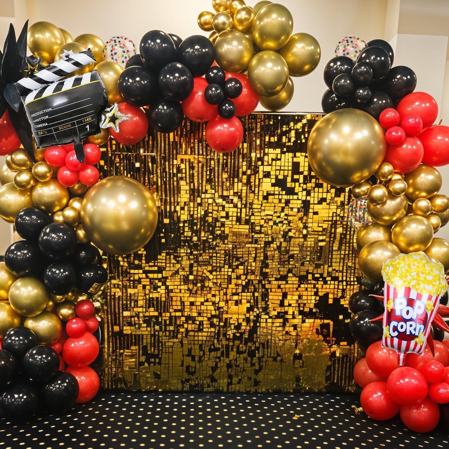 Movie Night Party Balloons, Red Black Gold Confetti Balloons with Film Clapboard and Pop Corn Foil Balloon for Boy Girl Movie Theme Party Decorations Graduation Baby Shower Birthday