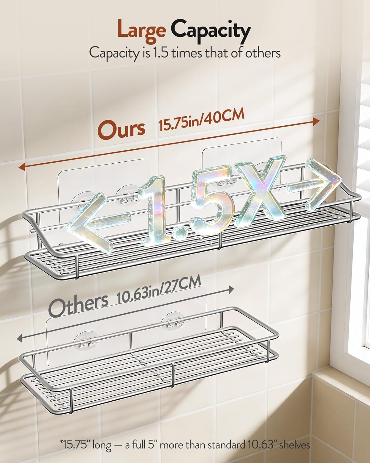 Orimade Bathroom Shelf Organizer - No-Drill Shower Caddy with Traceless Adhesive | 15.75 Inch Silver SUS304 Stainless Steel