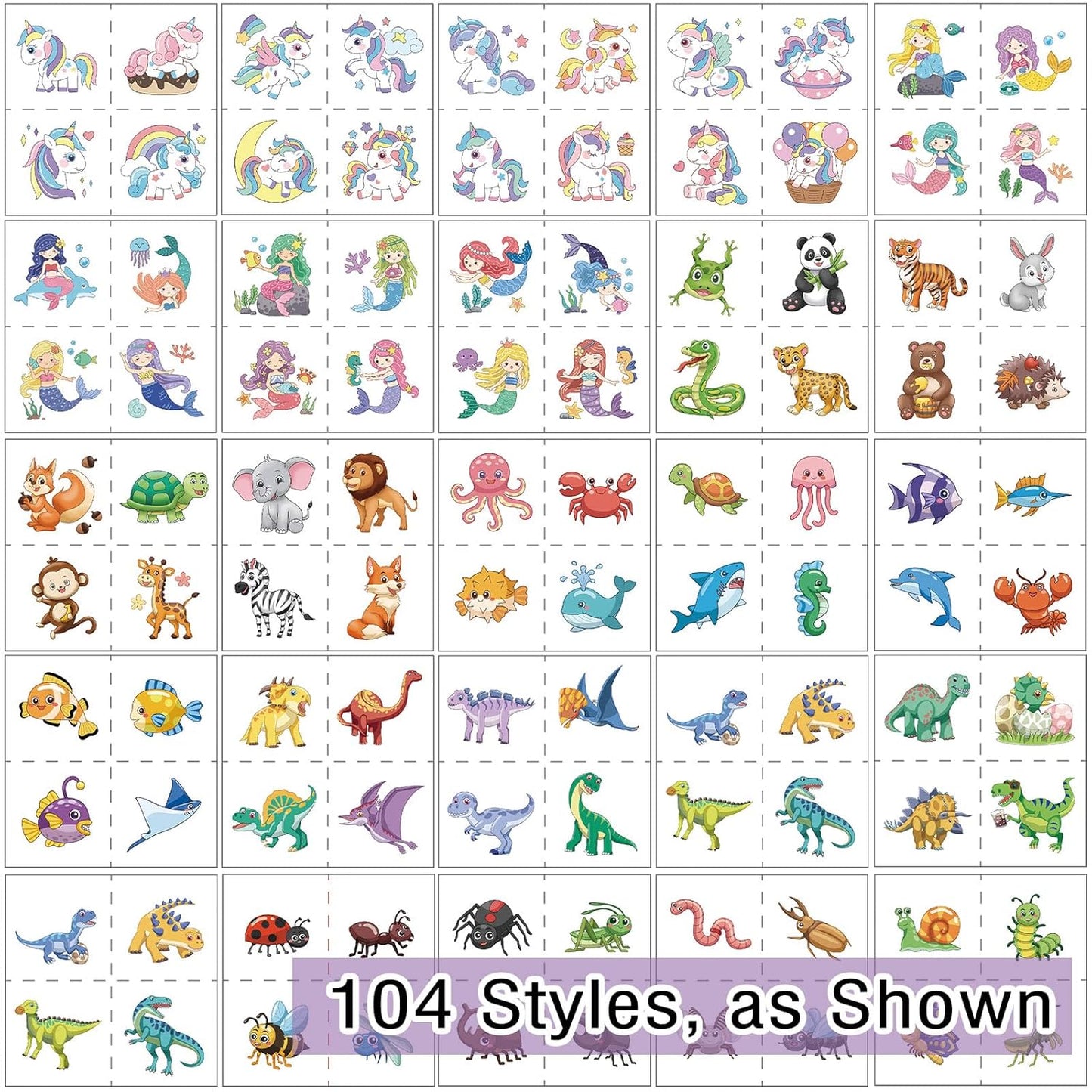 Skiennix 104 PCS Kids Temporary Tattoos - Fun Dinosaur, Unicorn & Mermaid Designs for Birthday Parties
