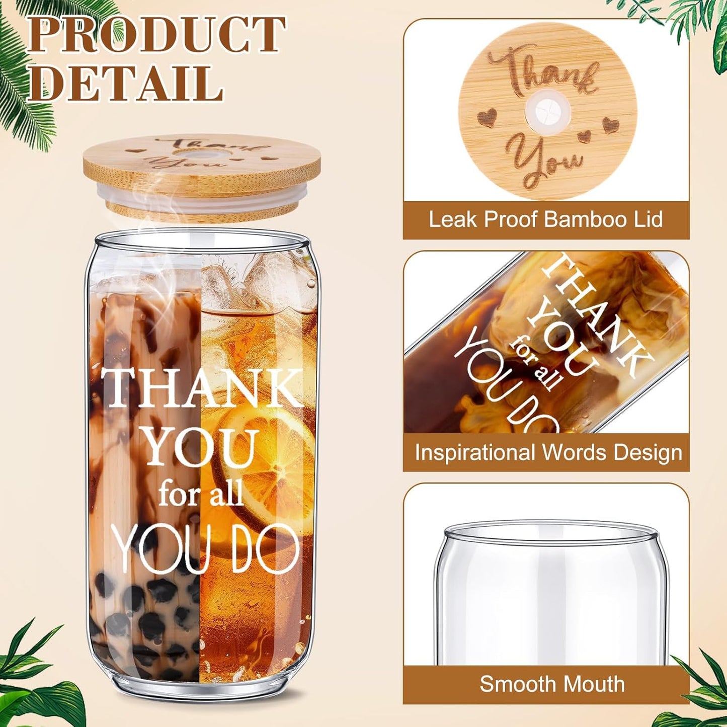 Tioncy 12 Pcs Positive Thank You Gifts for Women Appreciation Teacher Nurse Christian Religous Gifts 16oz Glass Cup with Bamboo Lids Straws Coffee Drinking Jars for Coworker