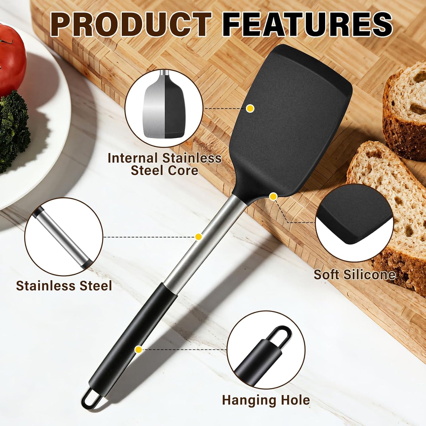 Skiennix Silicone Cooking Utensils Set - 5 Heat Resistant Kitchen Tools for Nonstick Cookware | Black