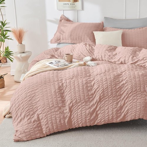 HYMOKEGE Comforter Set - Luxury 7-Piece Bed in a Bag | Rose Gold & Light Grey, All-Season Bedding