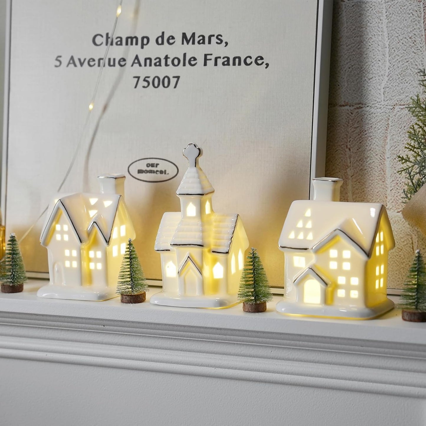 Regine Switzerland White Christmas Village Houses - 3Pcs Glazed Ceramic Set with Trees | Light Up Holiday Decor