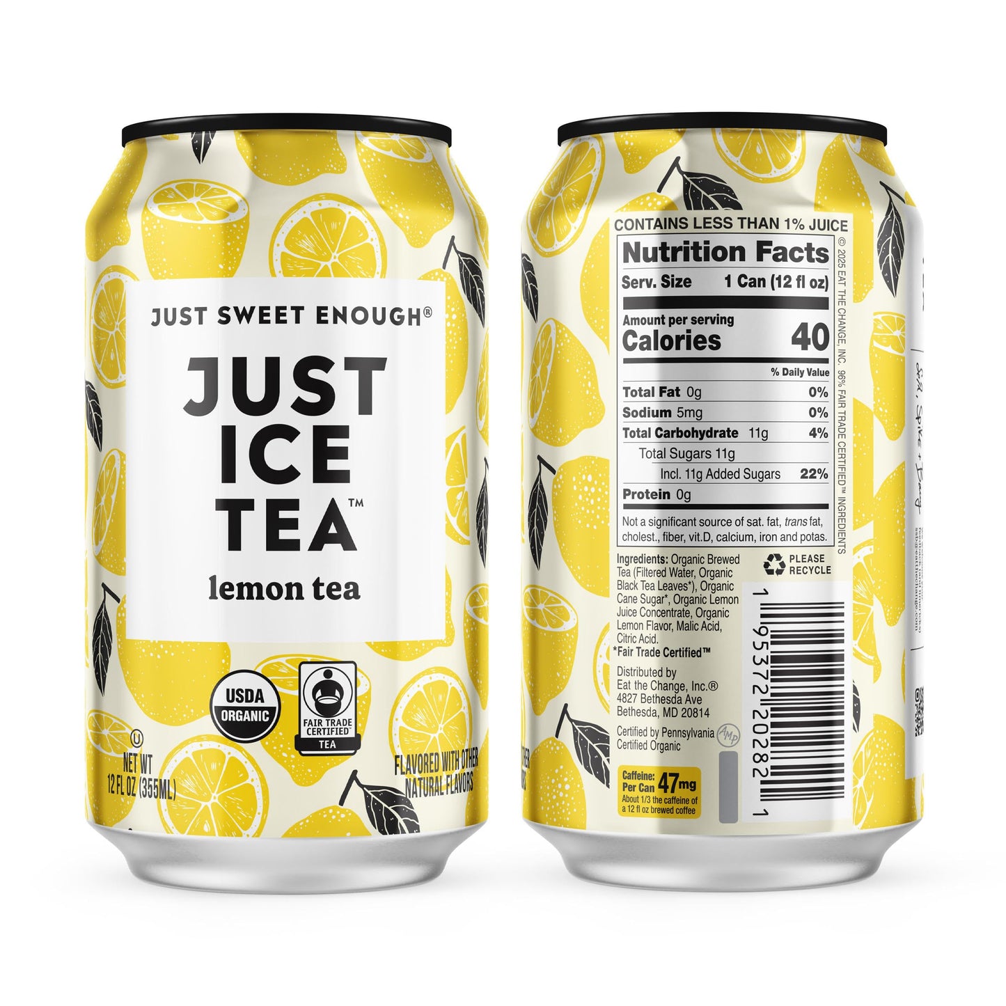 Just Ice Tea, Lemon Flavored Black Iced Tea, 12-Pack (12oz Cans), USDA Certified Organic, Real Brewed, Low Calorie, No Artificial Sweeteners, Fair Trade, Made in USA.