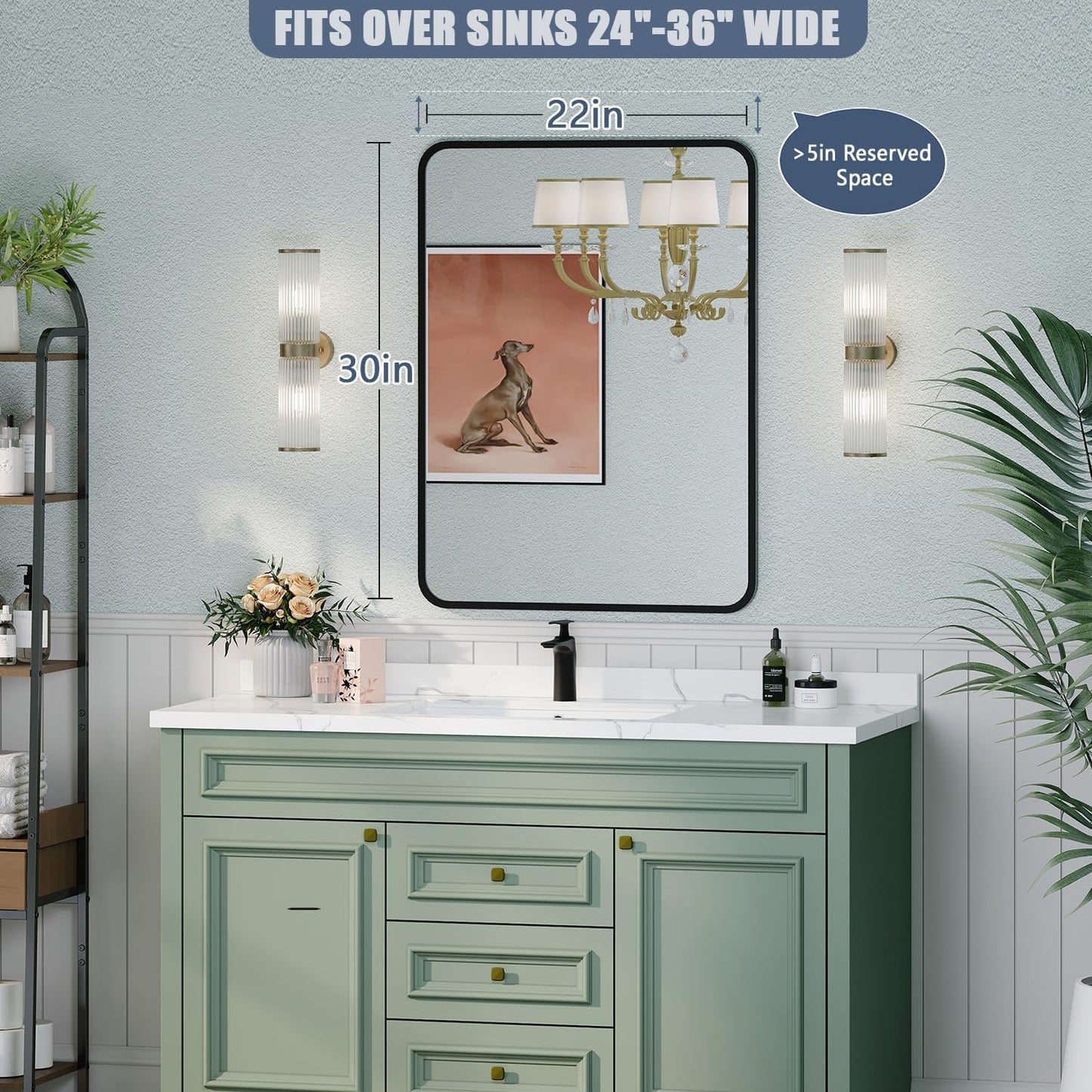 Regine Switzerland Black Bathroom Mirror - 22x30 Rectangular Wall-Mounted Vanity Mirror with Matte Aluminum Frame & Shatterproof Glass