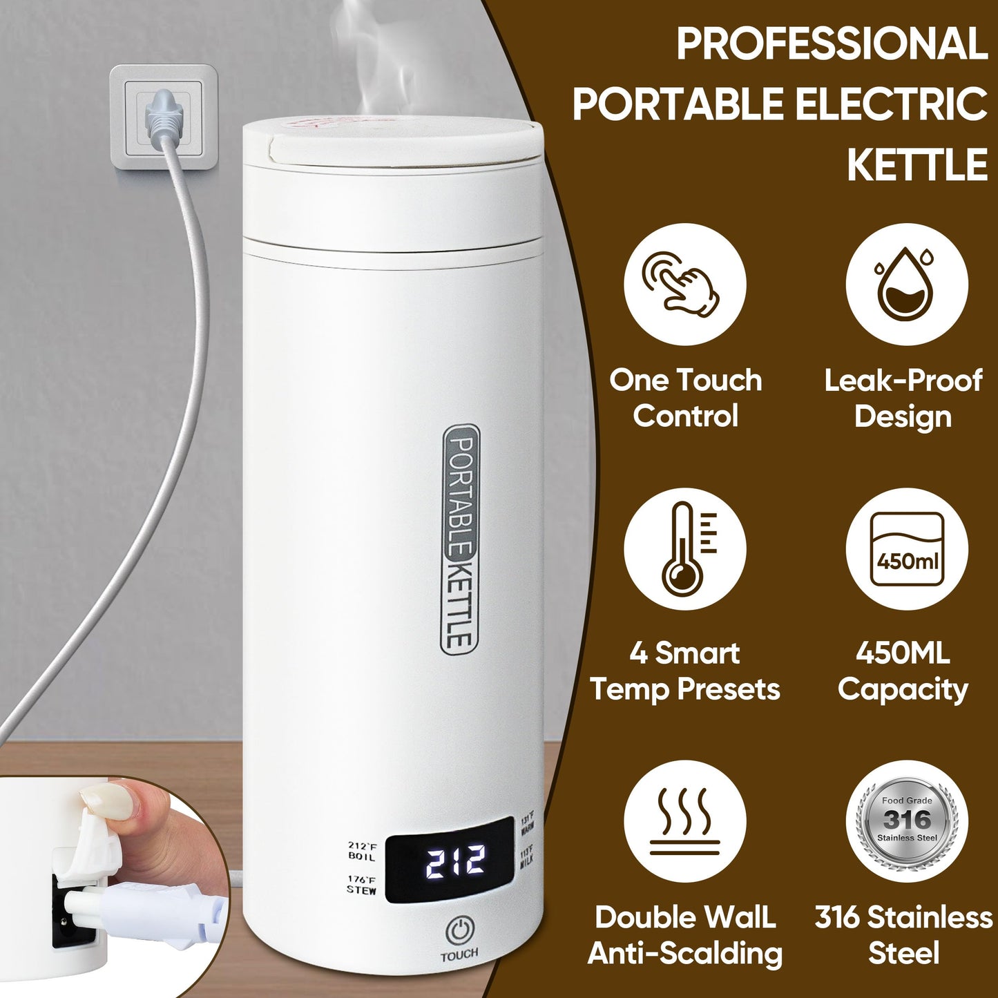 Portable Electric Kettle, Travel Tea Kettle, Small Hot Water Boiler Coffee Heater 450ML, 316 Stainless Steel, 4 Temperature Settings with Fast Boiling Water Auto Shut-off Boil Dry Protection (White)