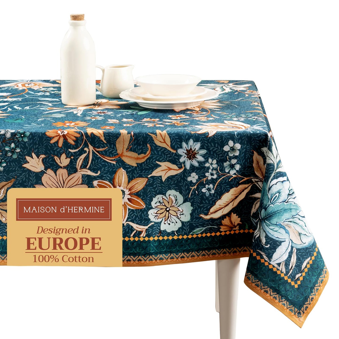 Maison d' Hermine Table Cloth Rectangle Table 100% Cotton 54 x 72 Inches Fall Tablecloth Reusable Everyday Use for Thanksgiving Christmas Decorations Dining Farmhouse Party (Luxury Loft - Dark Teal)