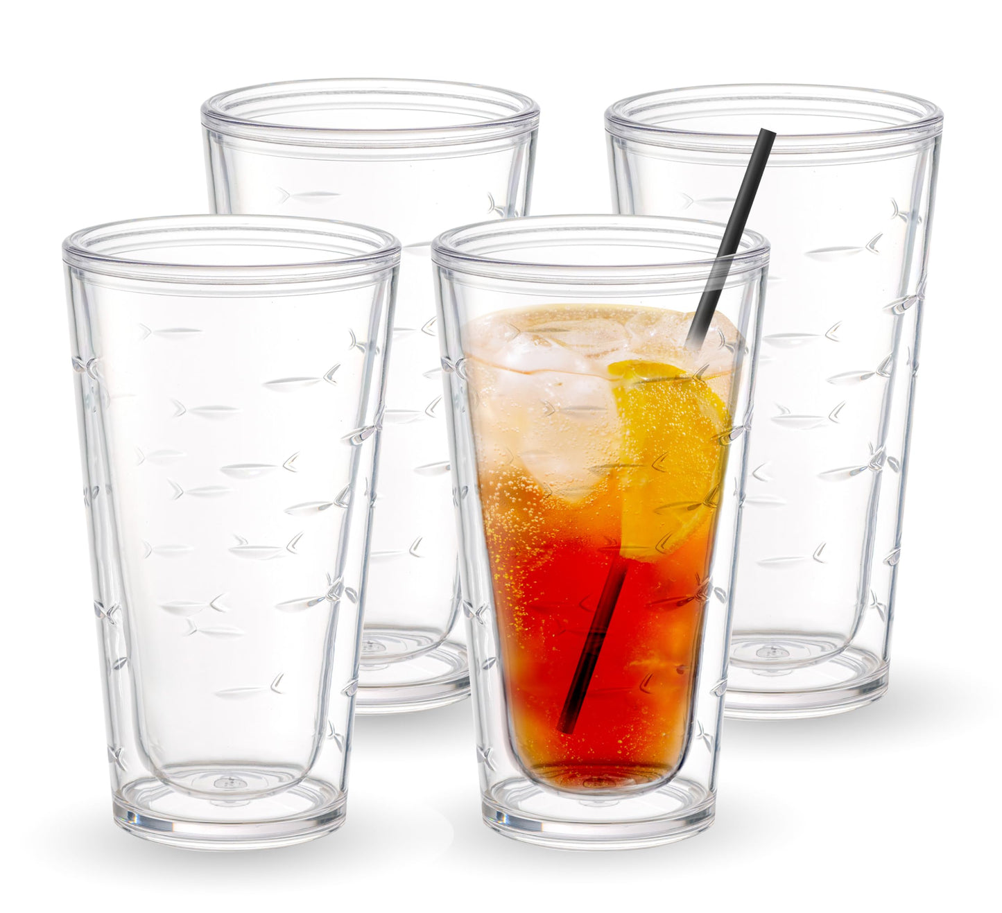 KLIFA- CHARLESTON- 20 oz, Set of 4, Fish Plastic Insulated Tumbler Set, School of Fish Acrylic Double-wall Drinking Glass, BPA-Free, Plastic Drinkware, Dishwasher Safe, Clear