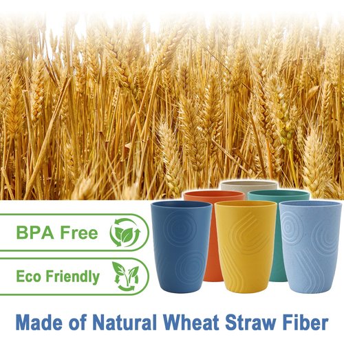 BUSOKIP Wheat Straw Cups 16 OZ, Plastic Drinking Glasses, Drinking Cup, Unbreakable Kitchen Cups Sets of 6, Microwave & Dishwasher Safe Water Glasses, Reusable Plastic Cup for Party (Multicolor)