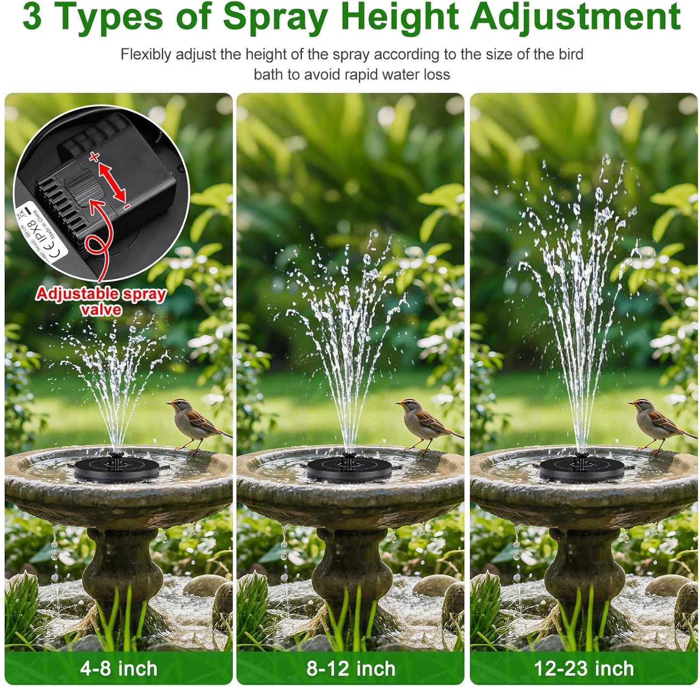 SEIRMEP Solar Fountain Pump - Upgraded Glass Bird Bath Fountain with LED Lights & 6 Nozzles | 3 Spray Heights