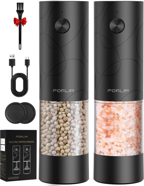 FORLIM Electric Salt and Pepper Grinder Set - USB Rechargeable, Automatic Mill with Adjustable Coarseness | 2 Pack, Black