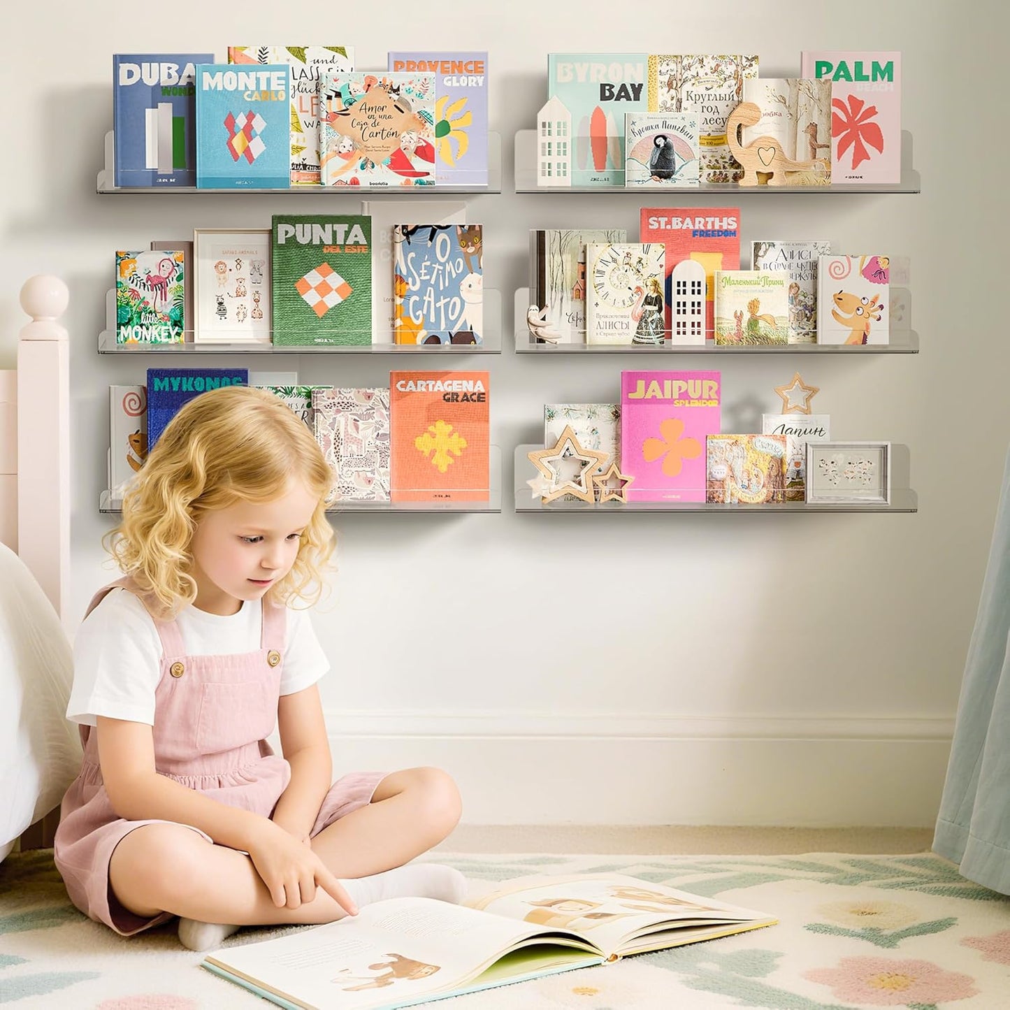 Upsimples 6 Pack Floating Acrylic Shelves - 15" x 4" Clear Wall Storage for Kids' Rooms & Home Decor