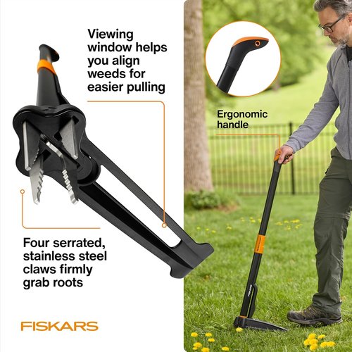 Fiskars Stand-Up Weed Puller Tool - 4 Serrated Stainless Steel Claws for Easy Root Removal | 39" Length