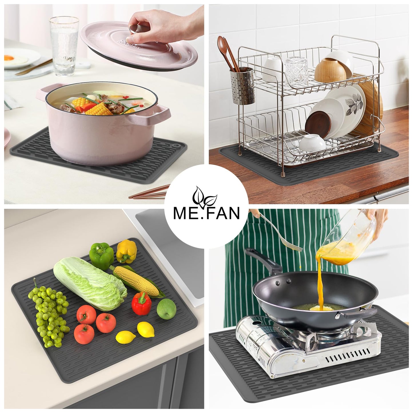 ME.FAN Silicone Dish Drying Mat for Kitchen Counter, Dish Drying Pad for Sink, Refrigerator or Drawer, Countertop Protection Pad M - 16''×12'' - Grey
