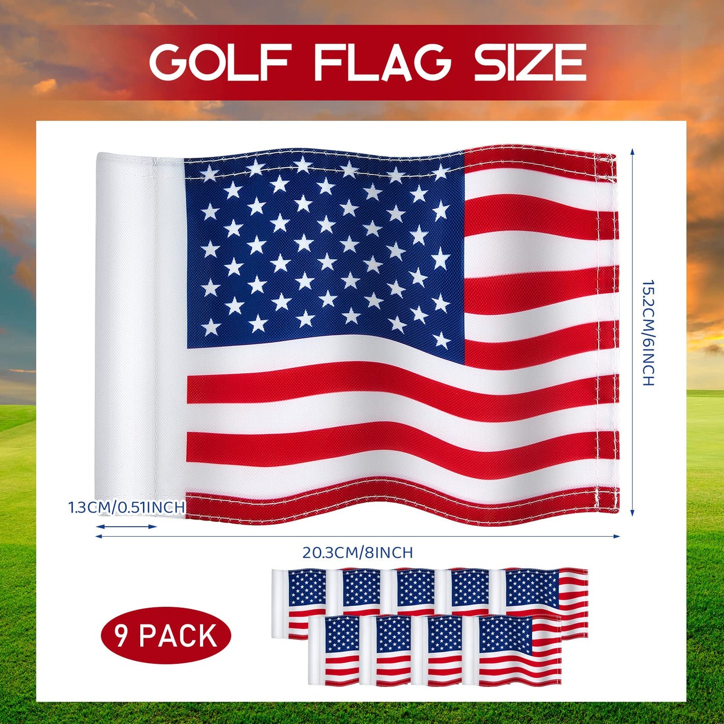 Moukeren 9 Pcs Golf Flag 8 x 6 Inch Putting Green Standard Practice American USA Double Side 420d Nylon for Indoor Outdoor Backyard Veterans Day Patriotic(hole Diameter 0.51)