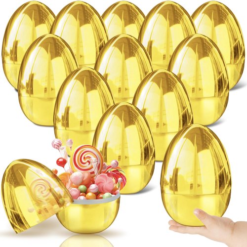 12 PCS Jumbo Gold Easter Eggs 6 Inch Giant Metallic Golden Easter Eggs Fillable Large Suprise Egg for Easter Themed Hunt Basket Stuffers Fillers Filling Treats Party Favors Classroom Prize Supplies
