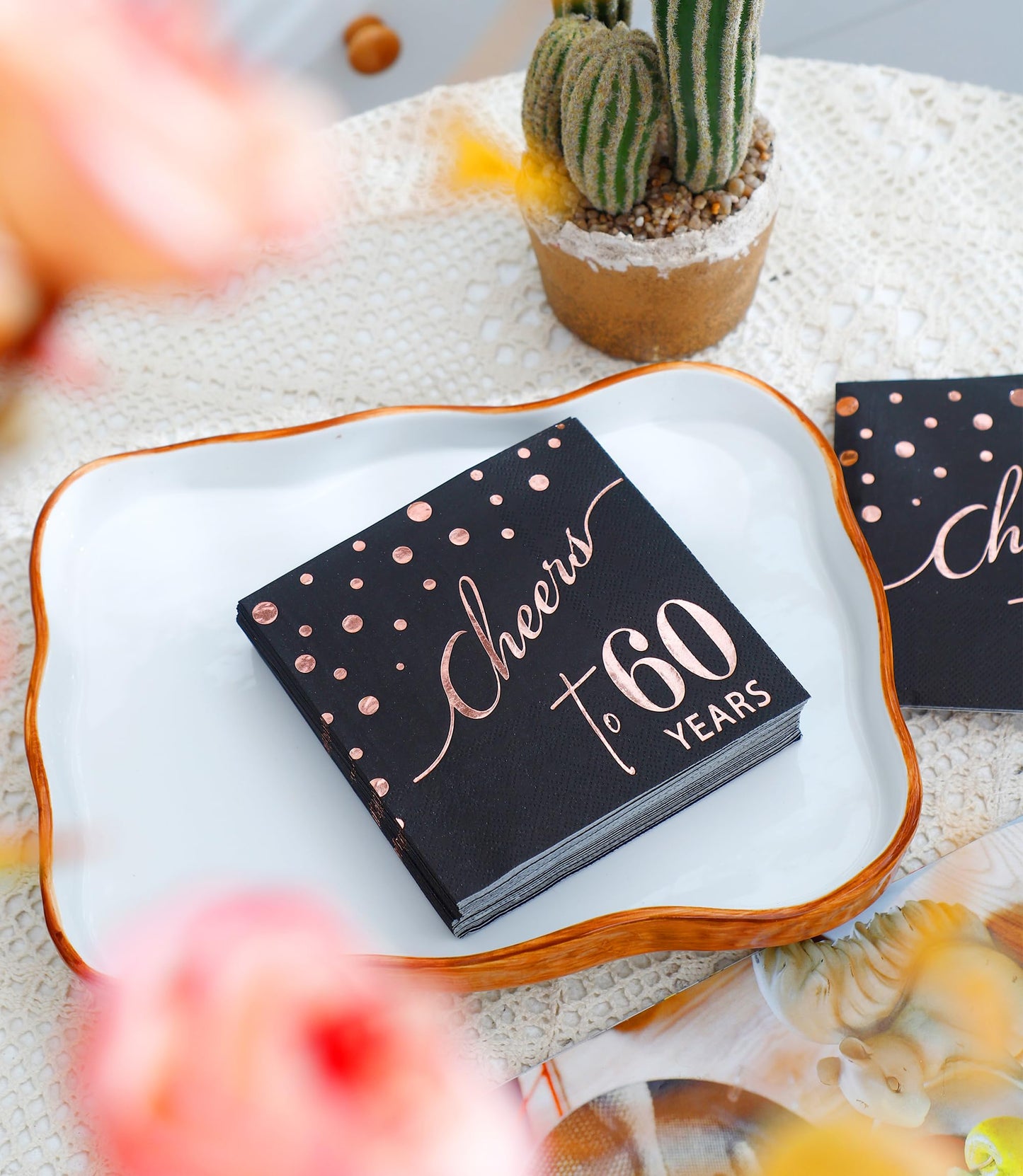 Rose Gold Cheers to 60th Cocktail Napkins Folded 5 x 5 Inches Disposable Party Napkins 3-Ply Paper Beverage Napkins for 60th Birthday Decorations, Wedding Anniversary, Retirement, Black (60 Years)