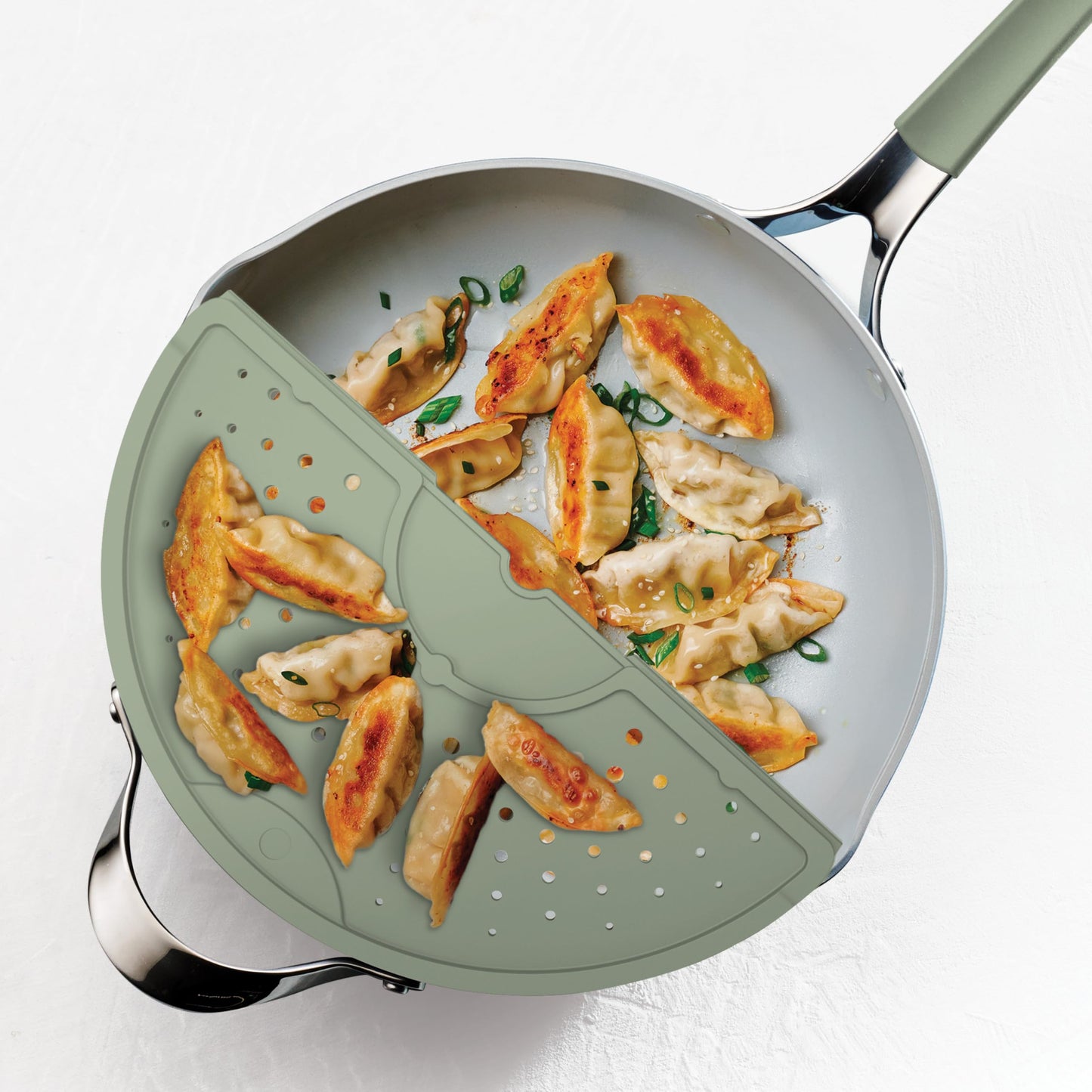 Tramontina Vue All-in-One Plus Pan Set, 5-Quart Ceramic Non Stick Cooking Pan with Glass Lid, Steamer Insert, Beechwood Utensils, Splatter Screen, Pot Holder, Green