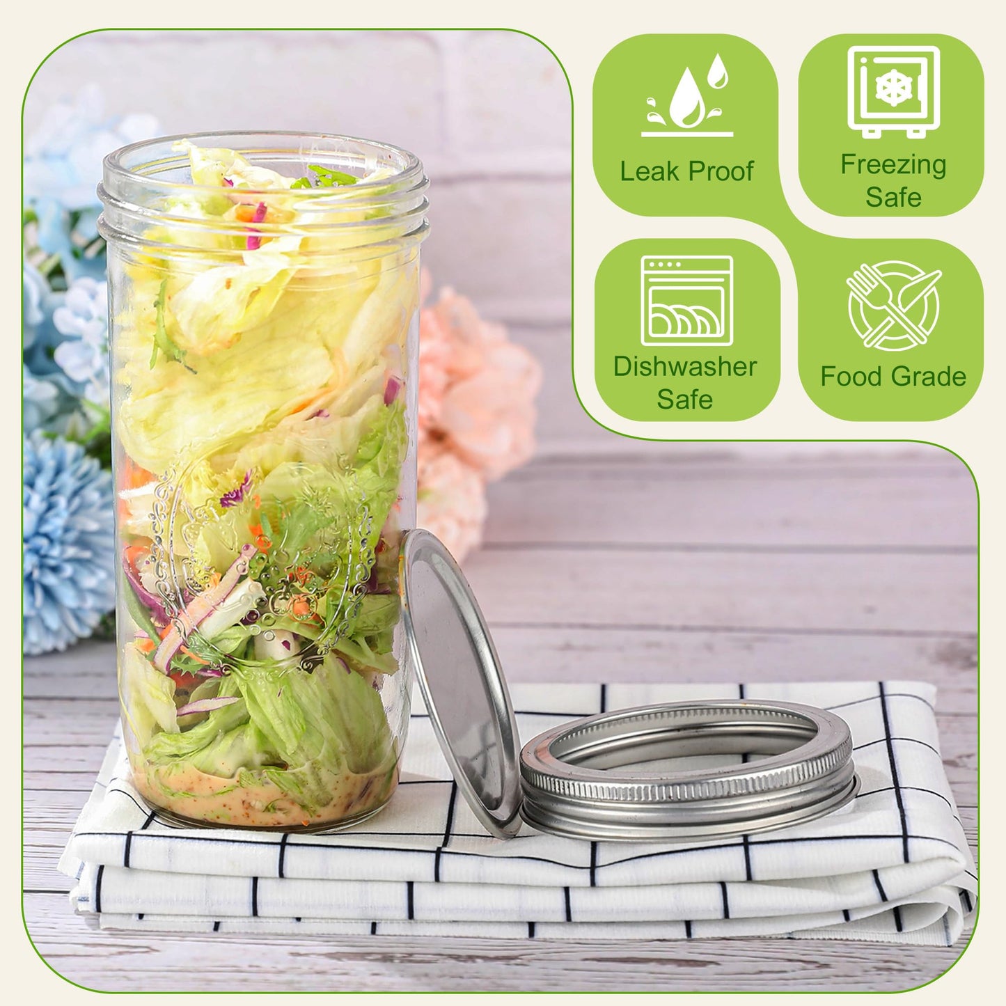 Anwoi Mason Jars 24 oz Wide Mouth with Measurement Marks–12Pack Glass Canning Jars with Airtight Leakproof Lids & Bands, BPA-Free for Meal Prep, Fermentation, Pickling & Storage (clear 6pack 24oz)