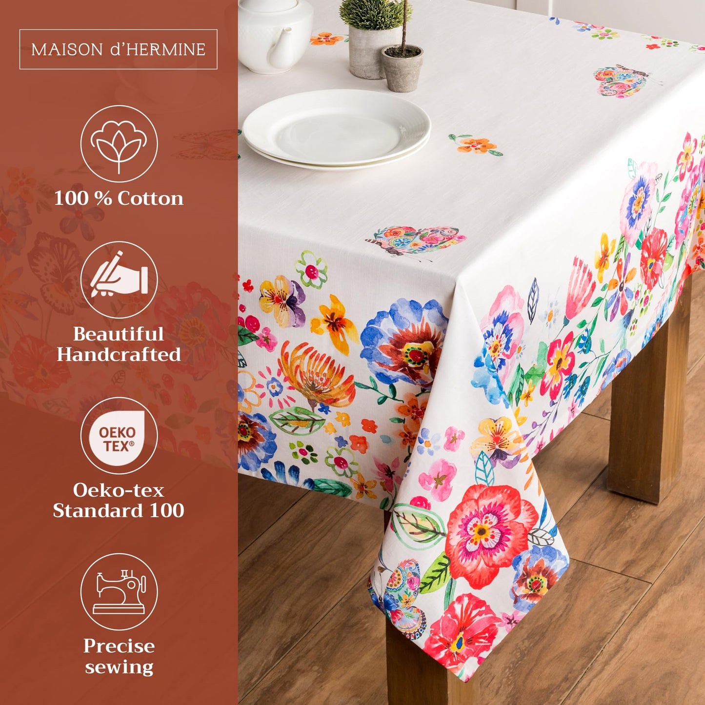 Maison d' Hermine Table Cloth Square Table 100% Cotton 54 x 54 Inches Tablecloth Reusable Decorative for Dining Kitchen Farmhouse Home Gifts for Mothers Day Spring Summer- Happy Florals -High Summer
